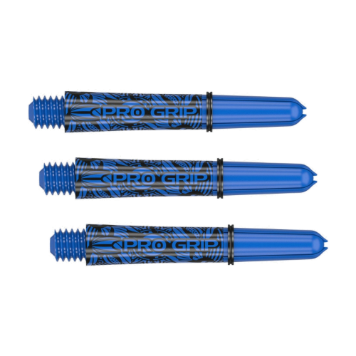 Three Target Pro Grip Ink blue dart shafts with hand-drawn tattoo artwork, shown on white background