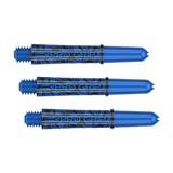 Three Target Pro Grip Ink blue dart shafts with hand-drawn tattoo artwork, shown on white background