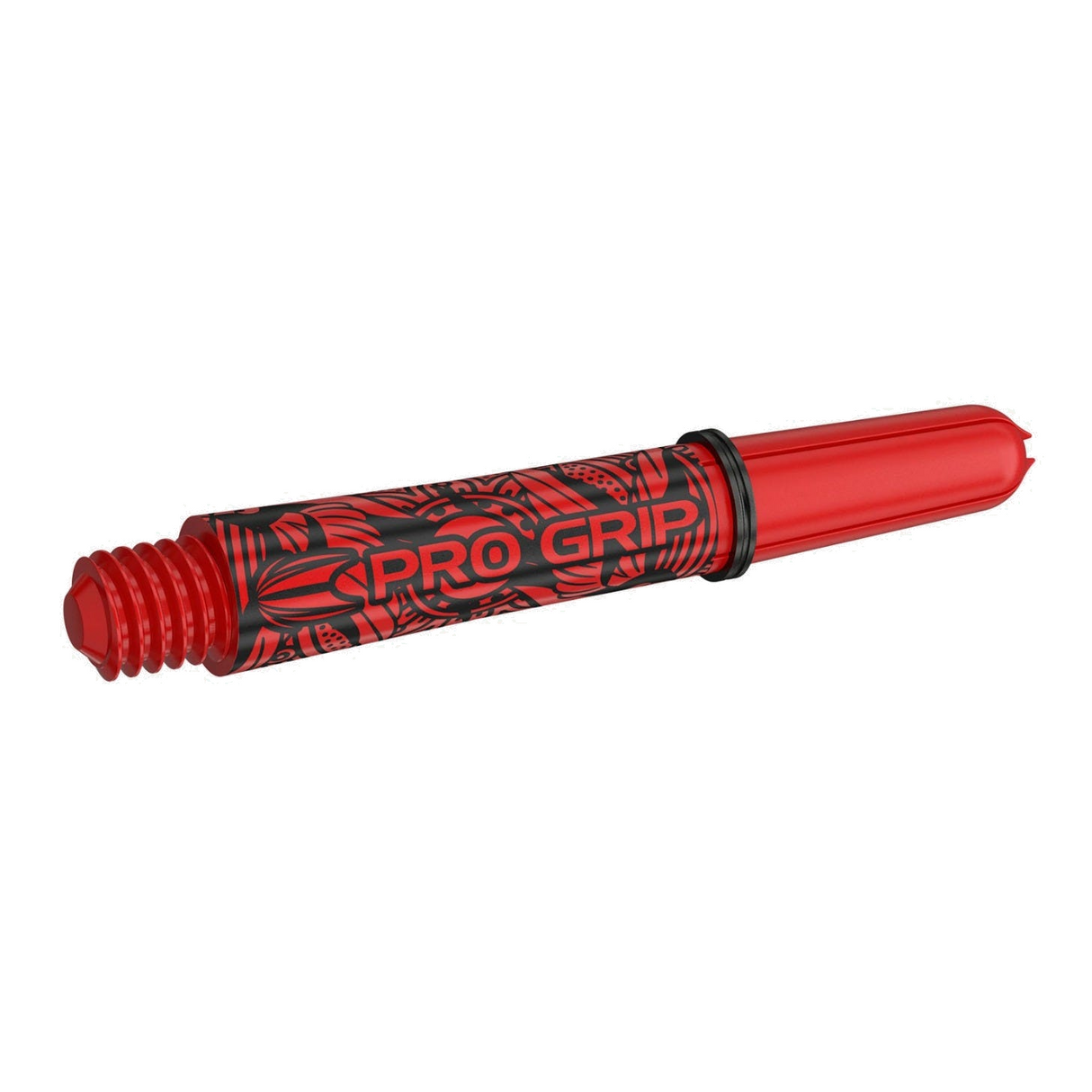 Target Pro Grip Ink red dart shaft, angled view showing the tattoo pattern and flight slot