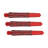 Three Target Pro Grip Ink red dart shafts with hand-drawn tattoo artwork, shown on white background