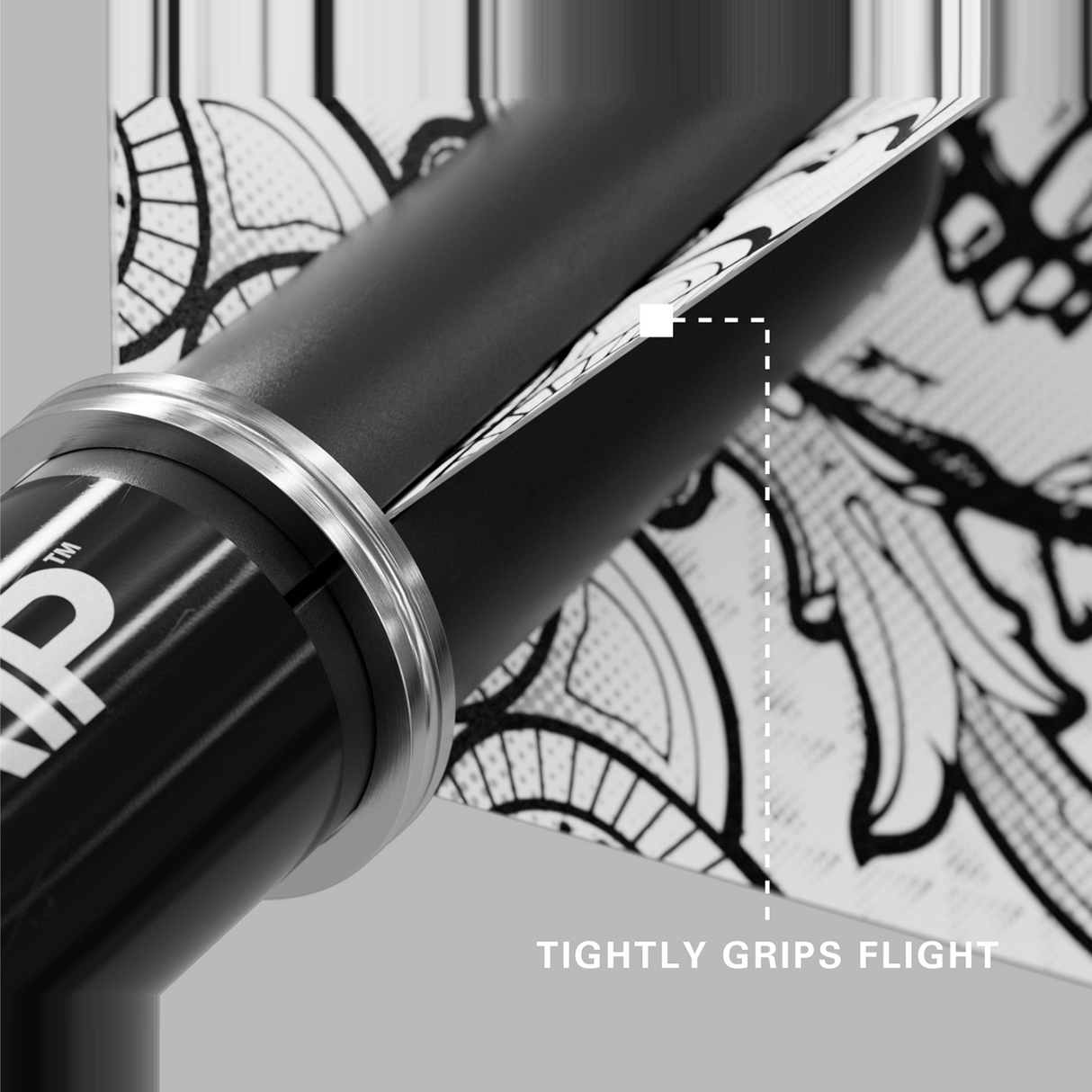 Close-up of a Target Pro Grip shaft gripping a dart flight to prevent fallouts
