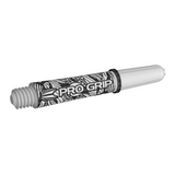 Target Pro Grip Ink white dart shaft, angled view showing the tattoo pattern and flight slot