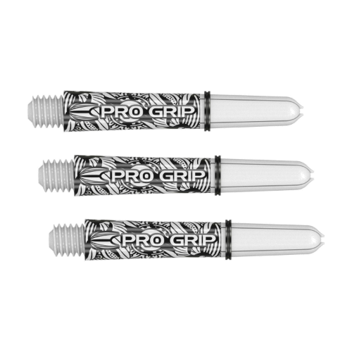 Three Target Pro Grip Ink white dart shafts with hand-drawn tattoo artwork, shown on white background