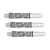 Three Target Pro Grip Ink white dart shafts with hand-drawn tattoo artwork, shown on white background