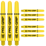 Yellow dart shafts set with Pro Grip logo, three assembled and six separated, isolated on white, showing threaded ends for darts setup