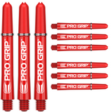 Red Pro Grip dart shafts set displayed on white background, showing grip detail, threading, and logo for dart accessories buyers