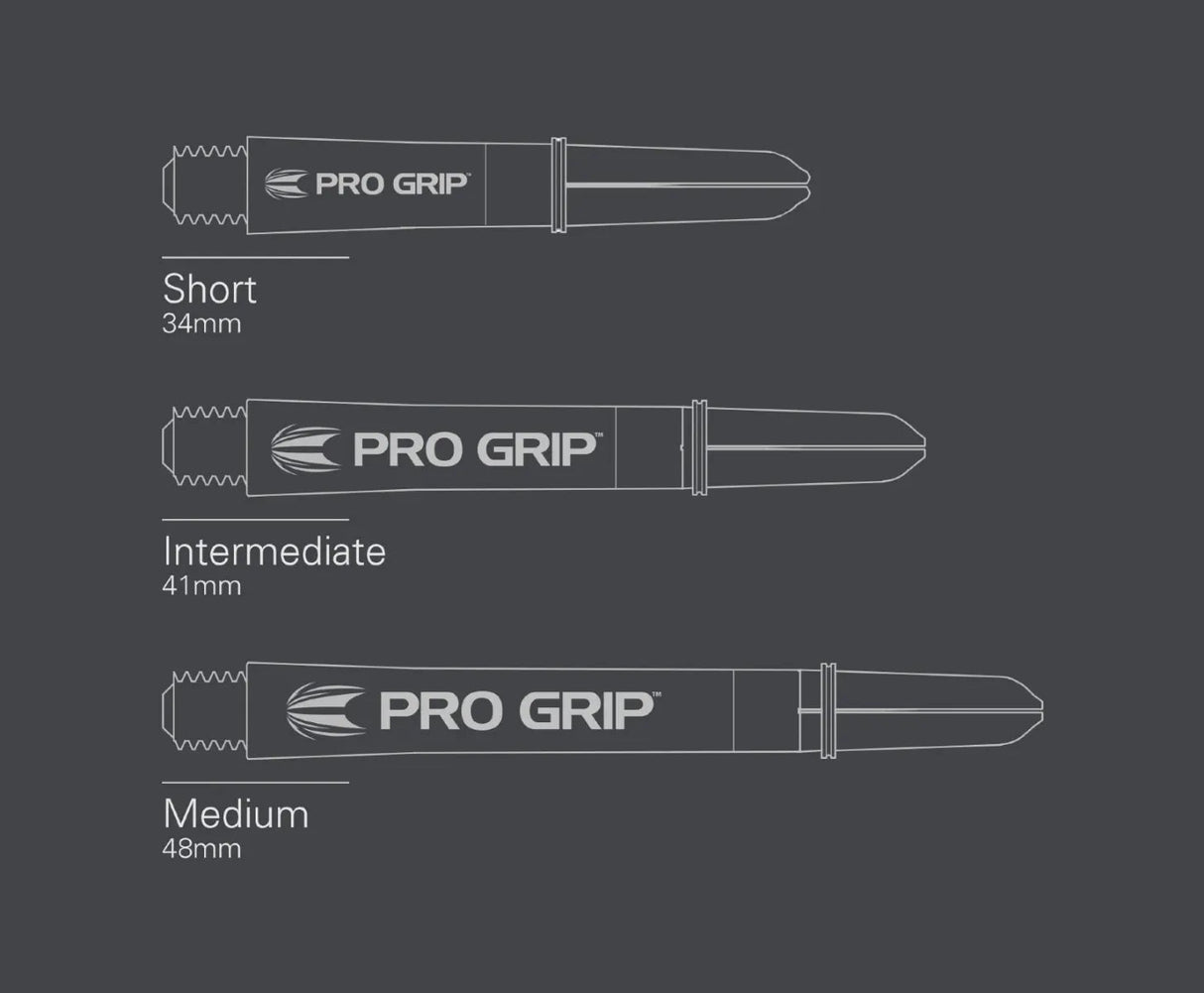 Dart shaft size diagram showing short, intermediate, and medium Pro Grip shafts with length measurements for dart setup selection