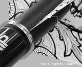 Macro close-up of dart shaft tightly securing flight, showing grip feature and textured flight design, ideal for darts accessories