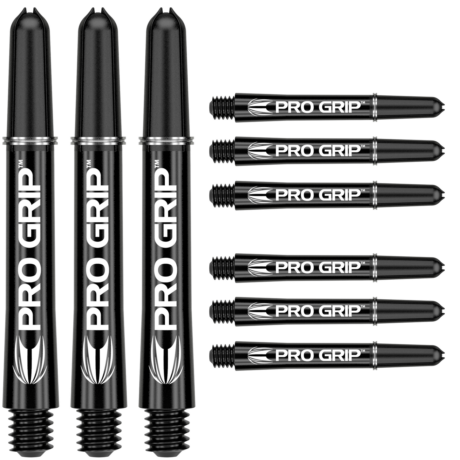 Set of nine black Pro Grip dart shafts arranged by size, threaded ends visible, clear white background for dart accessories shoppers