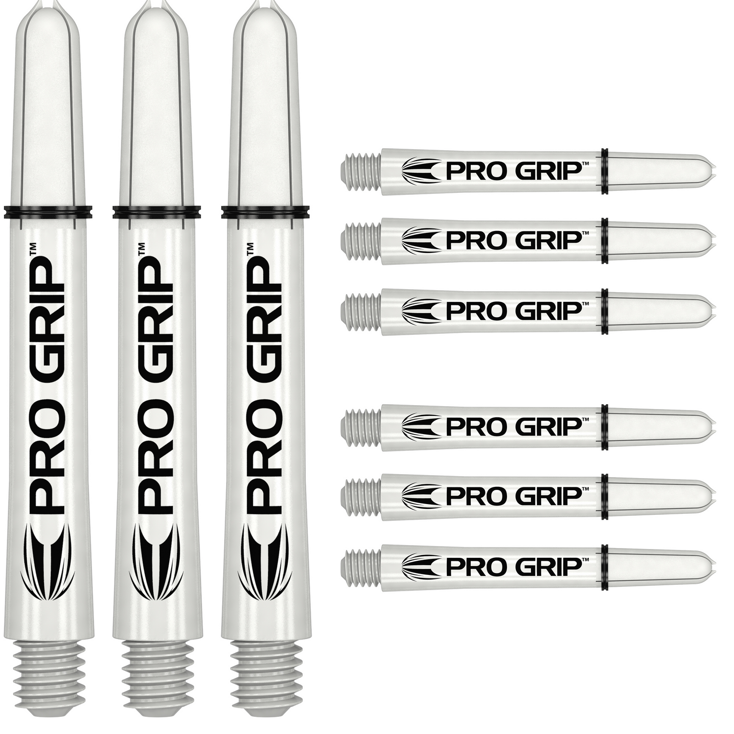 Nine clear dart shafts with Pro Grip branding displayed in sets, threaded ends visible, isolated on white background for dart accessories buyers