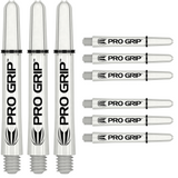 Nine clear dart shafts with Pro Grip branding displayed in sets, threaded ends visible, isolated on white background for dart accessories buyers