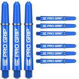 Nine blue Pro Grip dart shafts arranged on white background showing threads, locking rings, and shaft logo details for dart equipment