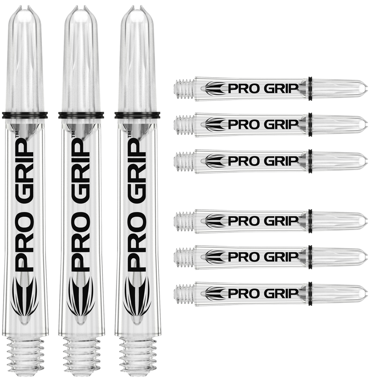 Clear Pro Grip dart shafts set, full view on white background, threaded ends and branding visible, pack of nine shafts for darts