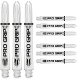 Clear Pro Grip dart shafts set, full view on white background, threaded ends and branding visible, pack of nine shafts for darts