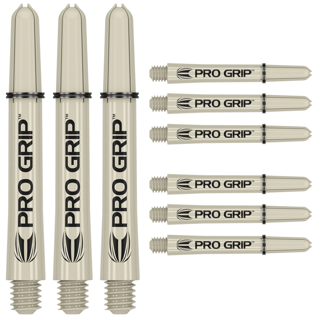 Nine clear Pro Grip dart shafts arranged on white background, showing threaded tips, black rings, and bold shaft branding for dart players