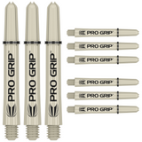 Nine clear Pro Grip dart shafts arranged on white background, showing threaded tips, black rings, and bold shaft branding for dart players