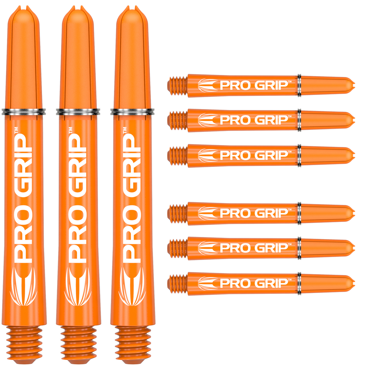 Orange Pro Grip dart shafts set of nine, all sizes displayed in rows, threaded tips and logo visible, isolated on white background