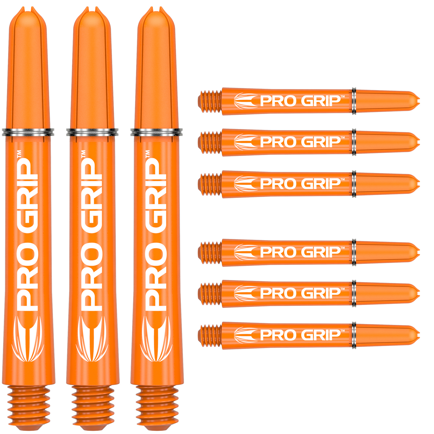 Orange Pro Grip dart shafts set of nine, all sizes displayed in rows, threaded tips and logo visible, isolated on white background