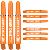 Orange Pro Grip dart shafts set of nine, all sizes displayed in rows, threaded tips and logo visible, isolated on white background