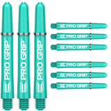 Nine turquoise Pro Grip dart shafts arranged vertically on white background, showing threaded tips and clear Pro Grip logo for dart setup