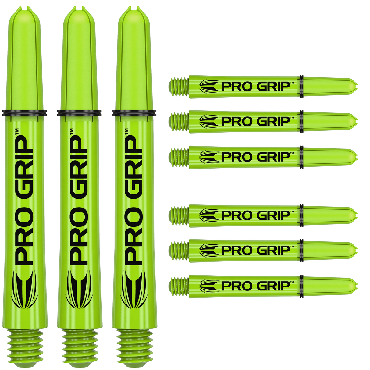 Nine neon green dart shafts displayed on white, featuring threaded tips and bold Pro Grip logo for dart equipment