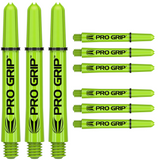 Nine neon green dart shafts displayed on white, featuring threaded tips and bold Pro Grip logo for dart equipment