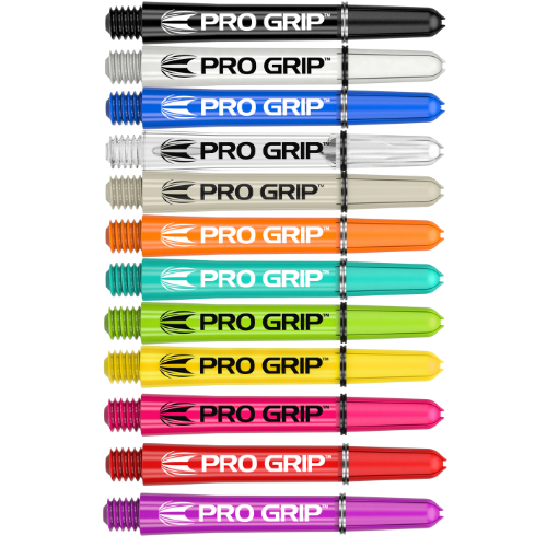 Assorted colored Pro Grip dart shafts set displayed side by side on white background, highlighting color variety and barrel threading details