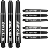 Set of 9 black Pro Grip Spin dart shafts, full product view on white background, highlighting threaded tips and logo details