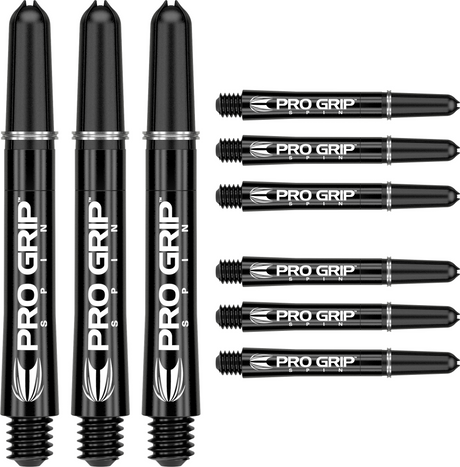 Set of 9 black Pro Grip Spin dart shafts, full product view on white background, highlighting threaded tips and logo details