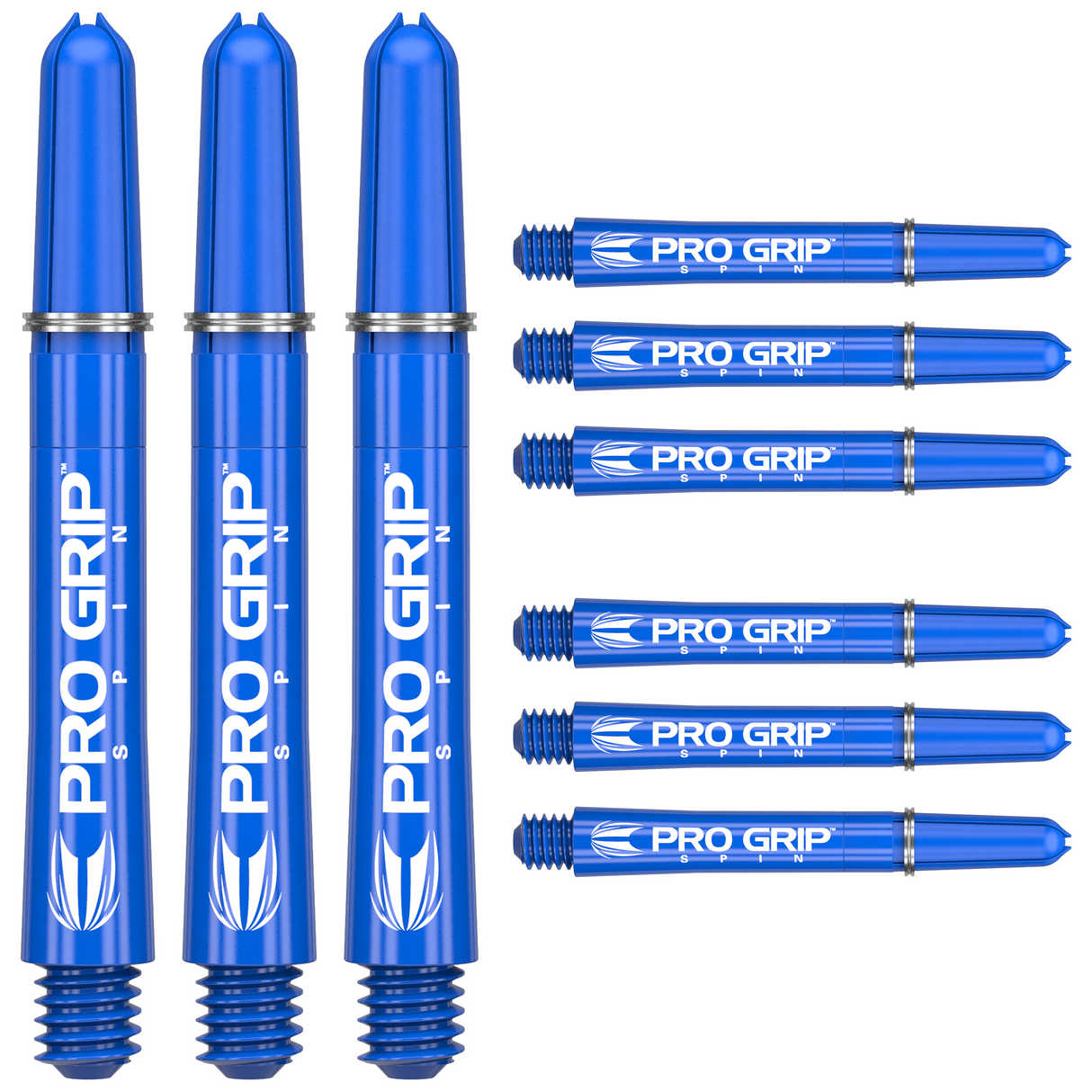 Nine blue Pro Grip Spin dart shafts arranged on white, highlighting threaded ends and shaft design for darts