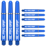 Nine blue Pro Grip Spin dart shafts arranged on white, highlighting threaded ends and shaft design for darts