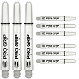 Nine white Pro Grip Spin dart shafts displayed on white background, highlighting threaded tips and polycarbonate design for dart equipment buyers