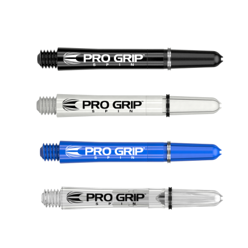 Four Pro Grip Spin dart shafts in black, white, blue, and clear, full-length view on white background, showing thread and spin mechanism