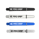 Four Pro Grip Spin dart shafts in black, white, blue, and clear, full-length view on white background, showing thread and spin mechanism
