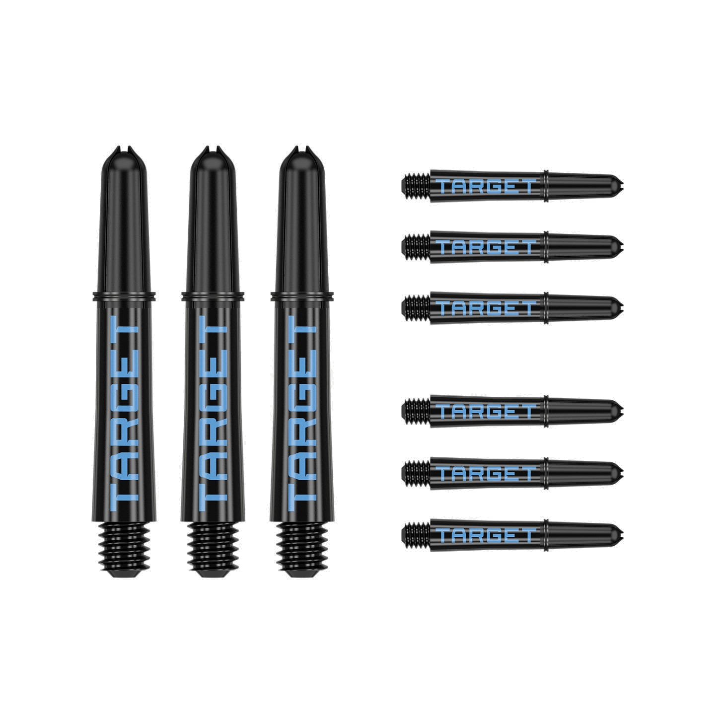Nine short 34mm Pro Grip Tag dart shafts in black and blue with Target branding on white background