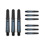 Nine short 34mm Pro Grip Tag dart shafts in black and blue with Target branding on white background