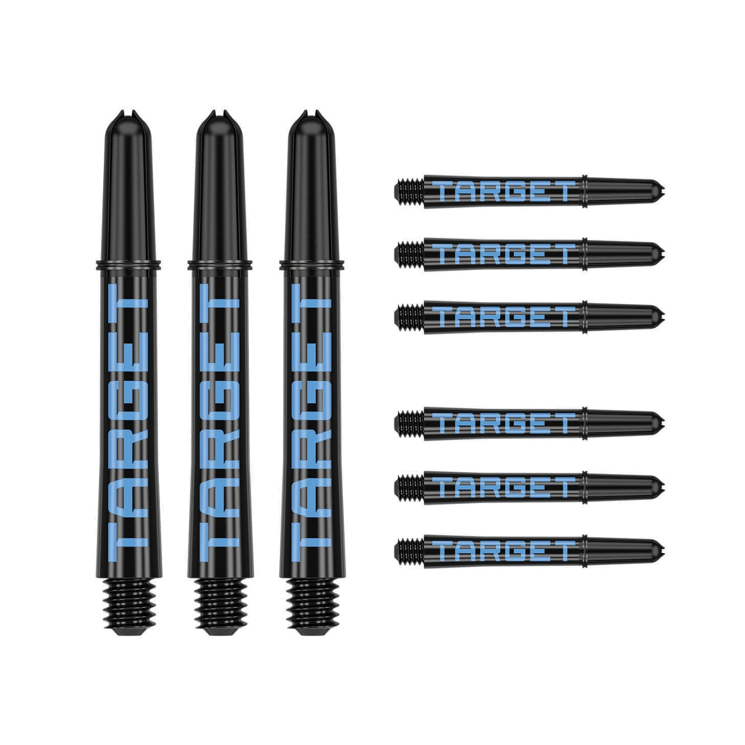 Nine intermediate 41mm Pro Grip Tag dart shafts in black and blue with Target branding on white background