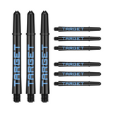Nine medium 48mm Pro Grip Tag dart shafts in black and blue with Target branding on white background