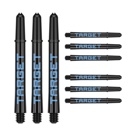 Nine medium 48mm Pro Grip Tag dart shafts in black and blue with Target branding on white background