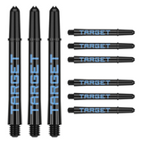 Target Pro Grip Tag black and blue dart shafts, three assembled and six spare, shown on white background