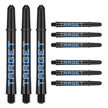 Target Pro Grip Tag black and blue dart shafts, three assembled and six spare, shown on white background