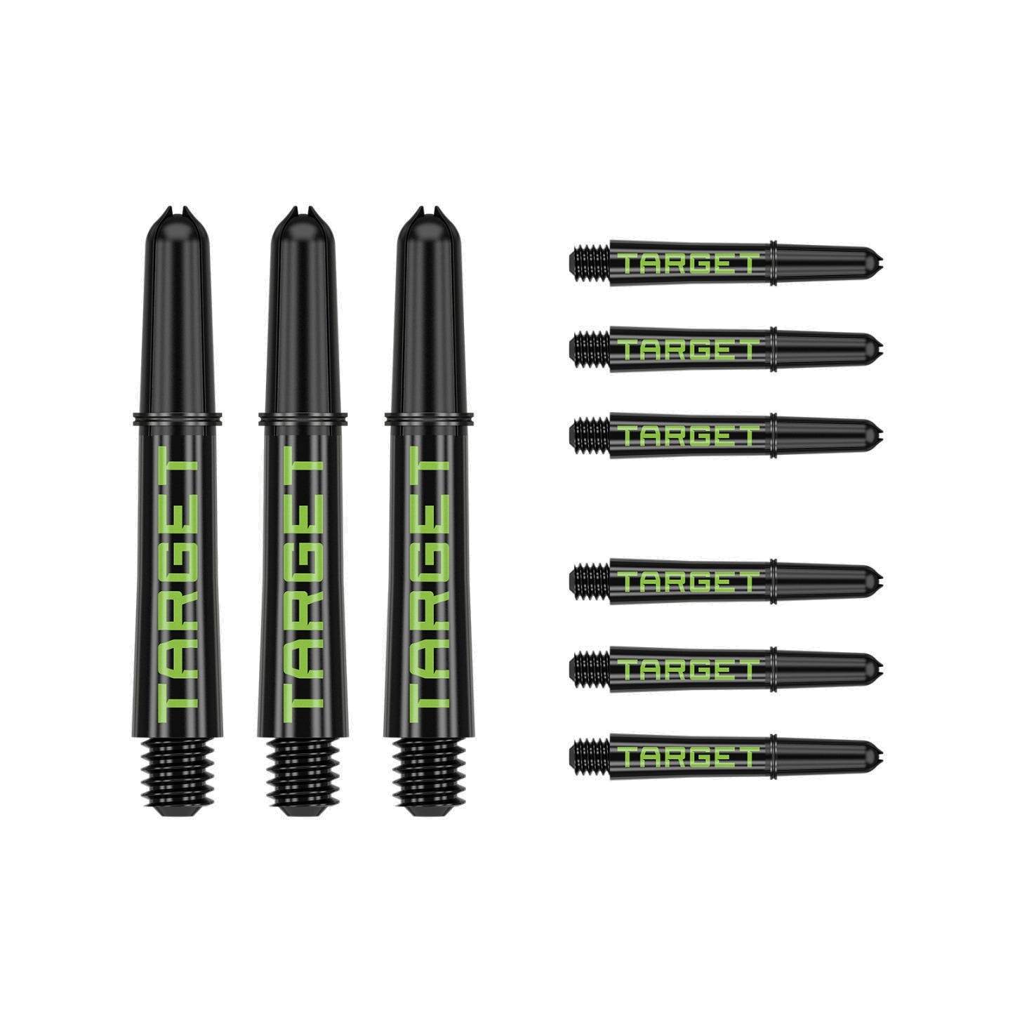 Nine short 34mm Pro Grip Tag dart shafts in black and green with Target branding on white background