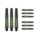 Nine short 34mm Pro Grip Tag dart shafts in black and green with Target branding on white background