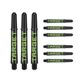 Nine intermediate 41mm Pro Grip Tag dart shafts in black and green with Target branding on white background