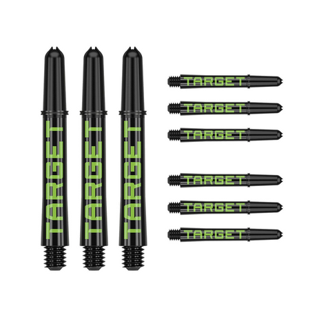 Nine intermediate 41mm Pro Grip Tag dart shafts in black and green with Target branding on white background