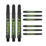 Nine medium 48mm Pro Grip Tag dart shafts in black and green with Target branding on white background