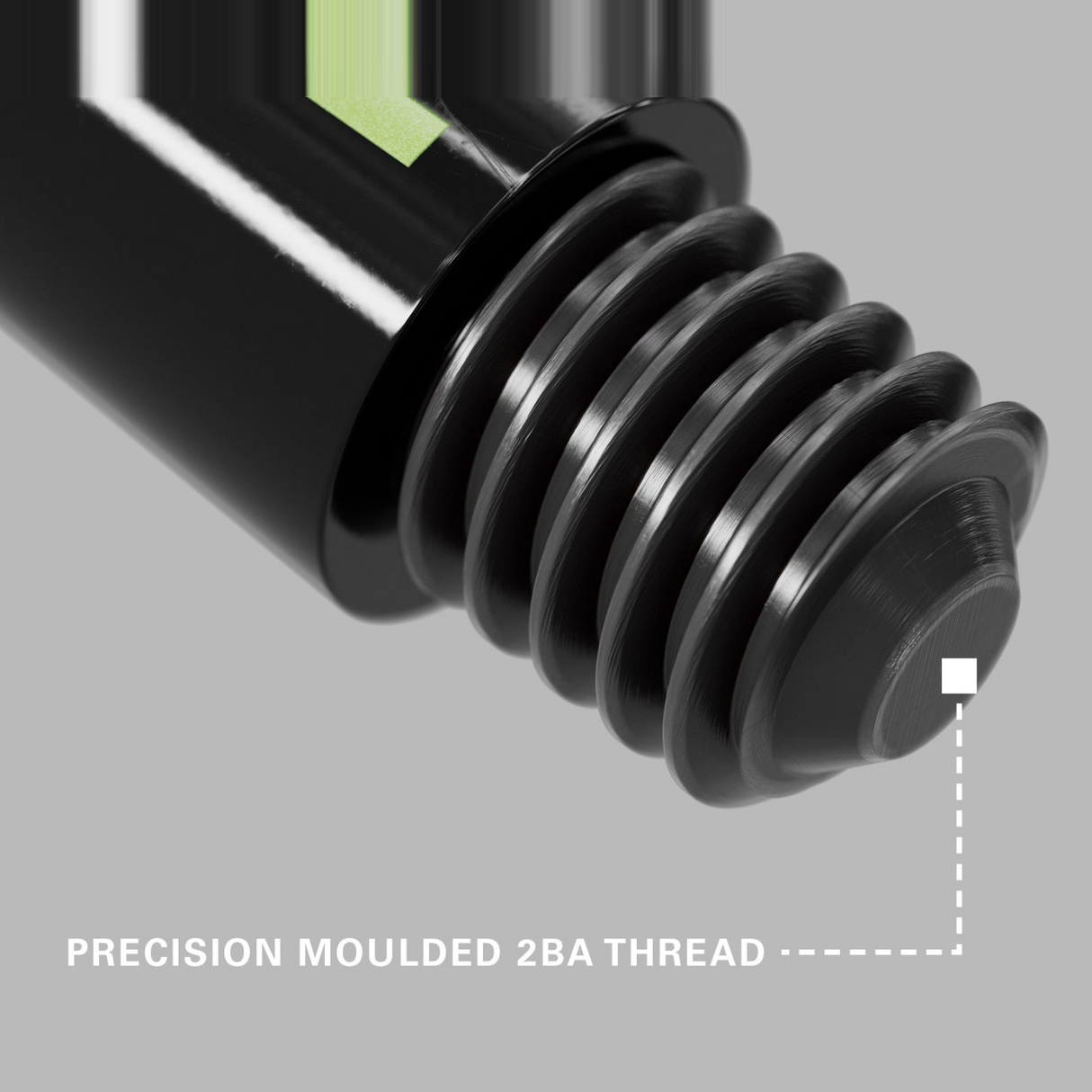 Close-up of the precision moulded 2BA thread on a green Pro Grip Tag dart shaft