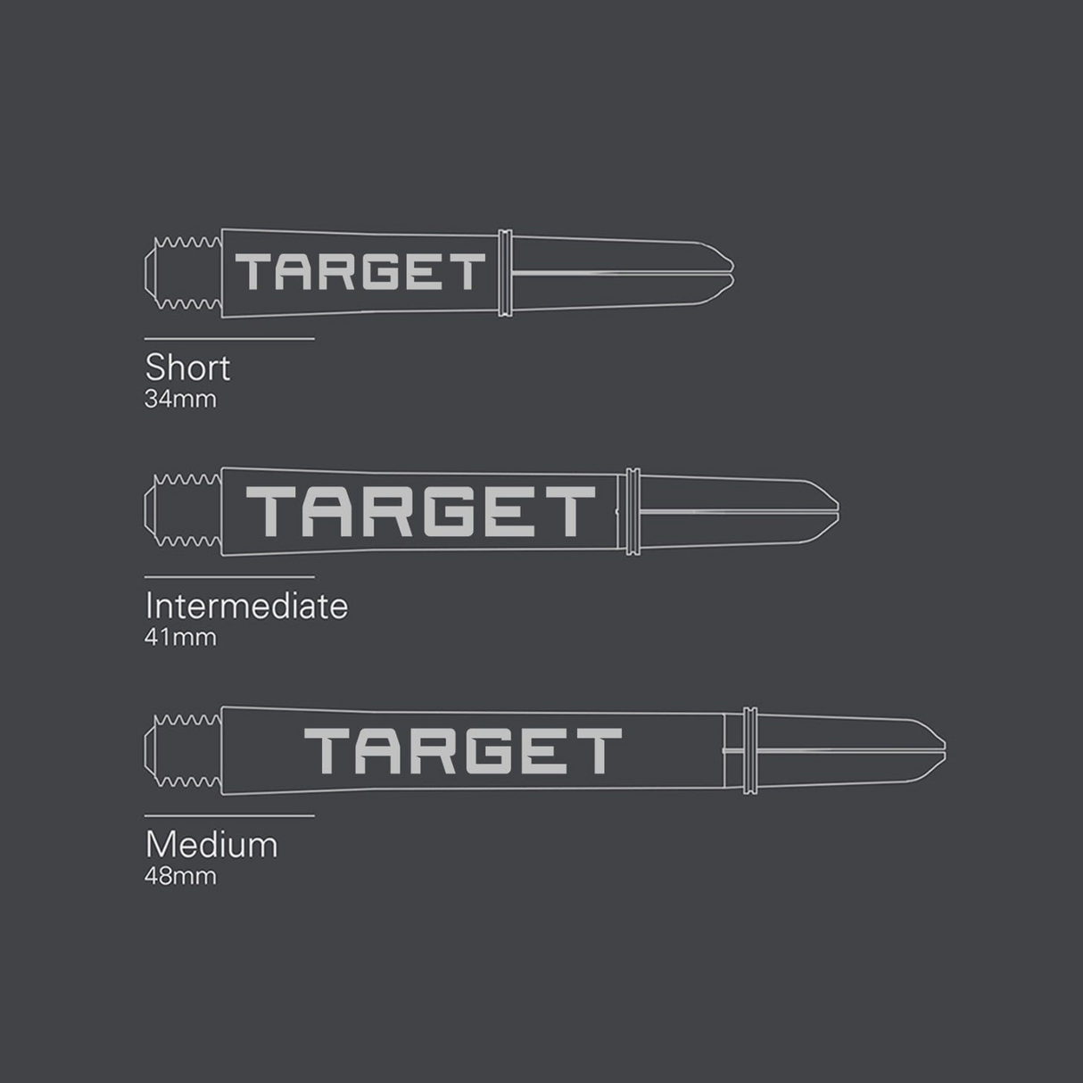 Pro Grip Tag dart shaft length chart showing short 34mm, intermediate 41mm and medium 48mm