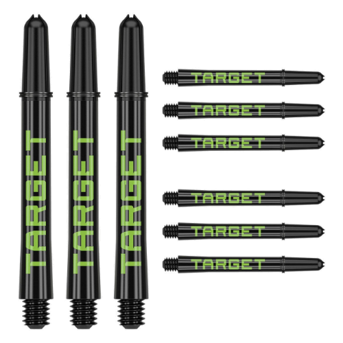 Target Pro Grip Tag black and green dart shafts, three assembled and six spare, shown on white background