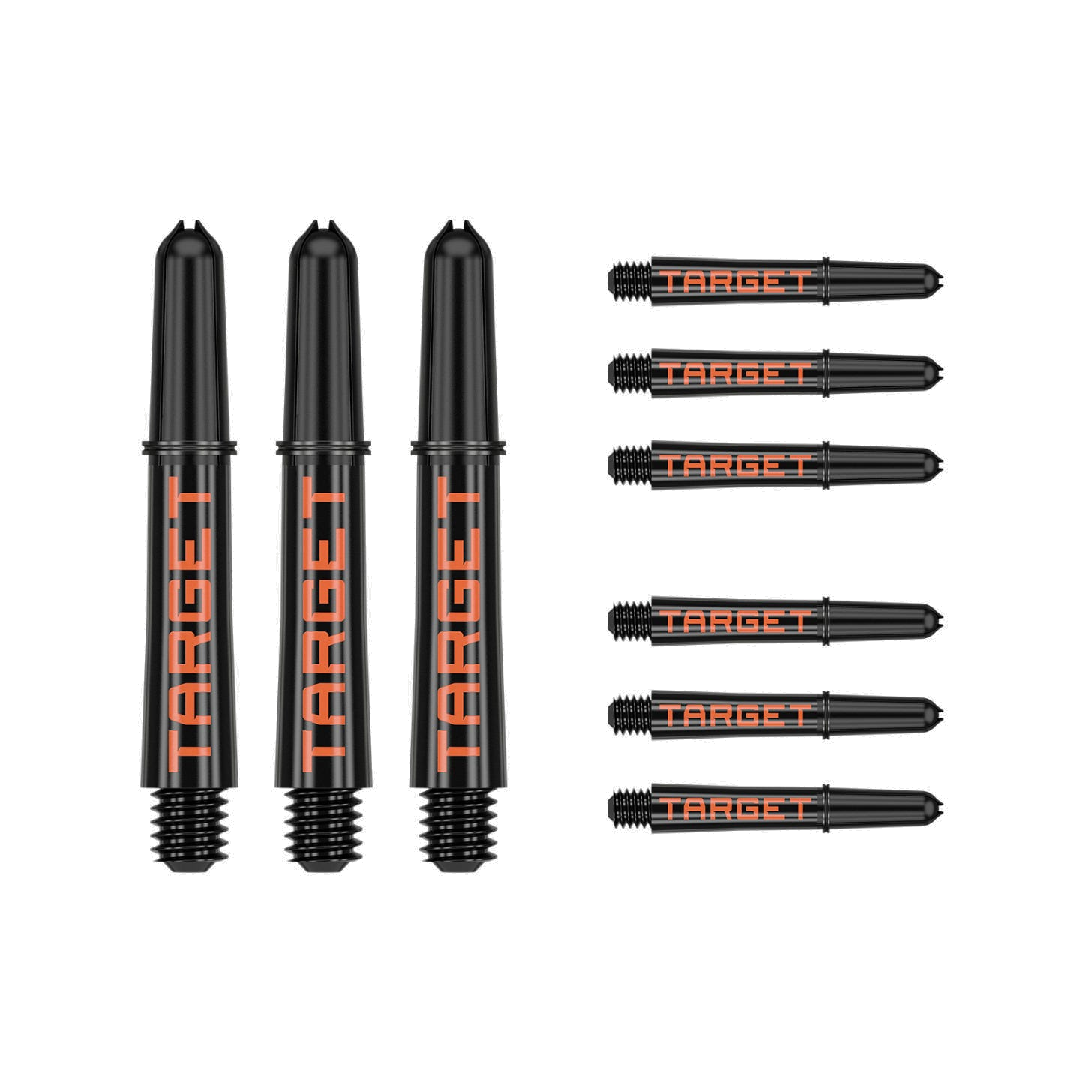 Nine short 34mm Pro Grip Tag dart shafts in black and orange with Target branding on white background